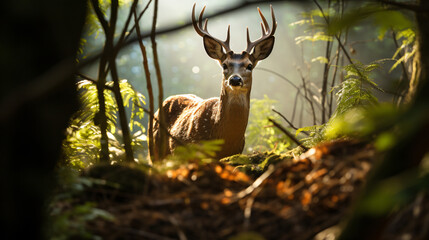 single deer full body standing in the wood at daylight