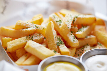french fries with ketchup and mustard