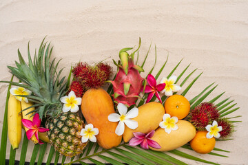 Variable fruits on sand beach for your summer holiday background use. 