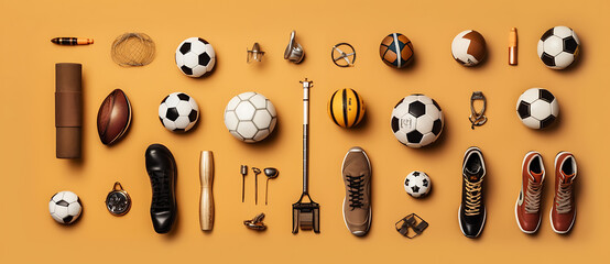 a bunch of different sports items sitting on top of a orange background Generated by AI