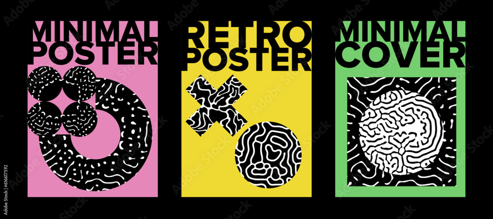 Fototapete set of poster templates with psychedelic melting shapes and blobs in retro hippie y2k style.