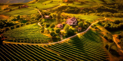 stunning aerial view of a vineyard in full bloom, with neatly aligned rows of grapevines, vibrant green foliage, and a winery nestled amidst the scenic beauty. Generative AI