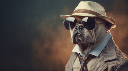 Cool looking bulldog wearing suit, tie, sunglasses and straw hat in big boss or mafia style, isolated on dark background. Digital illustration generative AI. - obrazy, fototapety, plakaty