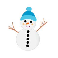 Christmas icon smiling snowman in knitted blue hat with broom isolated on transparent and white background. Festive element for design decoration. Winter vector illustration in cartoon flat style.