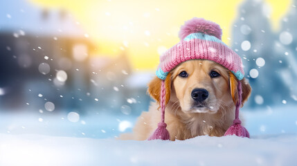 Cute Golden Retriever puppy wearing Pom Pom Toque on snow. Digital illustration generative AI.