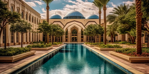 Fototapeta premium scenic mosque courtyard with beautiful architecture, lush gardens, and a peaceful atmosphere. Generative AI
