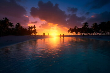 Fototapeta na wymiar evening beach with a sunset, a lagoon and people enjoying a walk by the sea.