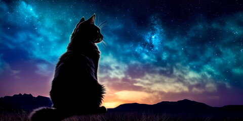 cat's silhouette against a backdrop of a starry night sky, highlighting the mysterious and nocturnal nature of cats on International Cat Day. Generative AI