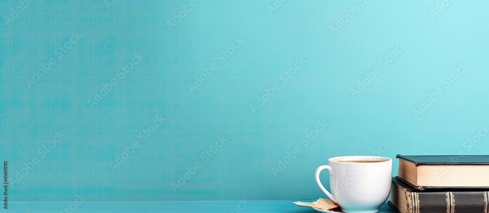 Poster a cup of coffee sitting on top of a stack of books created with generative ai technology