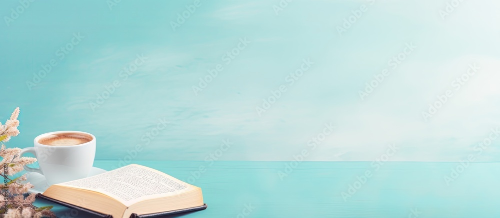 Aufkleber A cup of coffee and an open book on a table created with Generative AI technology