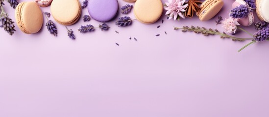 Naklejka na ściany i meble A purple background with macaroons and lavender flowers created with Generative AI technology