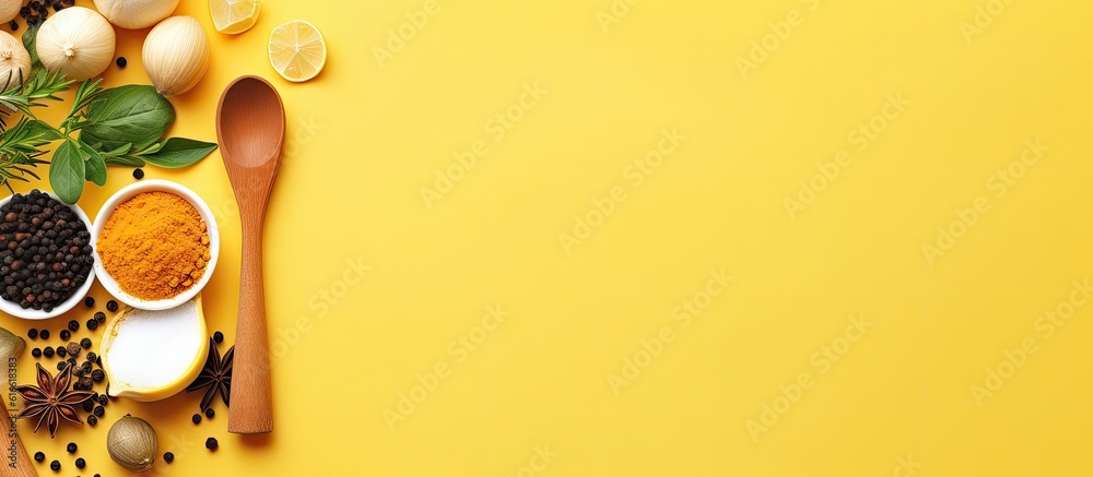 Poster Various spices and spoons on a yellow background created with Generative AI technology