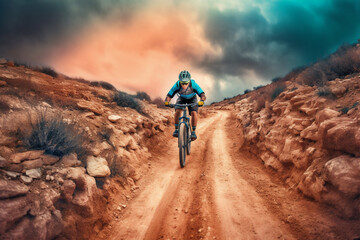 Fototapeta premium mountain bike in the sunset generative AI