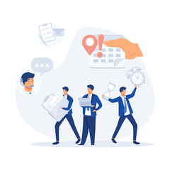 Business Man Surrounded by Hands with Office Things, Multitasking and Time Management Concept. flat modern vector illustration