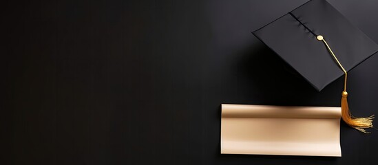 A graduation cap and a gold tassel on a black background created with Generative AI technology