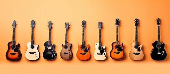 Naklejka premium A row of guitars lined up against an orange background created with Generative AI technology