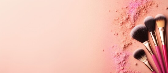 A group of makeup brushes sitting on top of a pink surface created with Generative AI technology