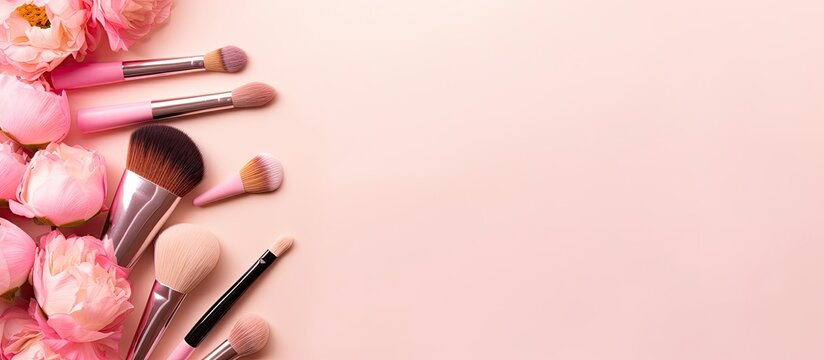 A bunch of makeup brushes and flowers on a pink background created with Generative AI technology