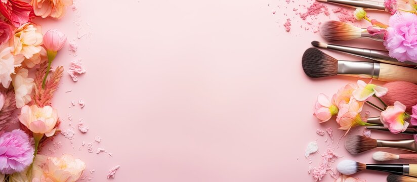 A pink background with makeup brushes and flowers created with Generative AI technology
