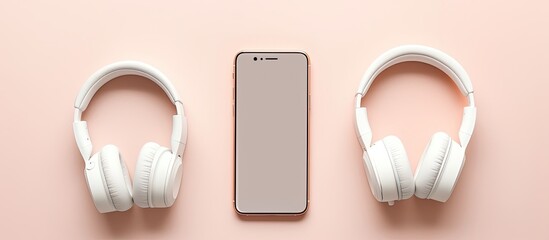 A phone and headphones on a pink surface created with Generative AI technology