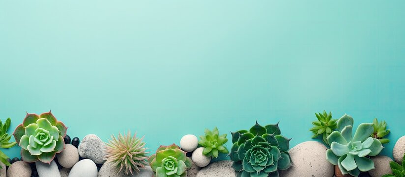 A group of succulents and rocks on a blue background created with Generative AI technology