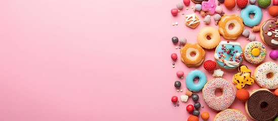 Fototapeta na wymiar A pink background with donuts and sprinkles created with Generative AI technology