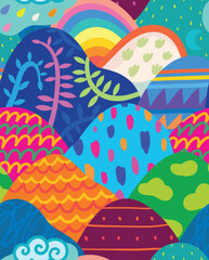 Rainbow decorative round shape hills and mountains seamless pattern. Vector illustration