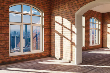 Fototapeta na wymiar luxurious loft apartment with arched window and minimalistic interior living room design; 3D Illustration