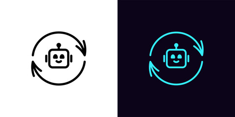 Outline bot update icon, with editable stroke. Update arrows with AI bot sign, chat bot restart and smart upgrade. Reload virtual assistant, update AI algorithms, renew control commands - obrazy, fototapety, plakaty
