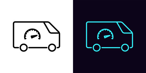 Outline express delivery icon, with editable stroke. Minivan with speedometer sign, fast delivery service. Auto courier service, high speed shipment, world express shipping, fast van