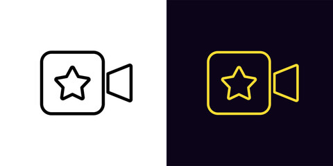 Outline favorite video icon, with editable stroke. Movie camera with star sign, video content with high popularity. Celebrity video show, superstar movie channel, top media content