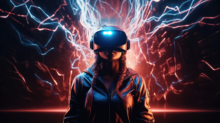 Illustration of woman with glasses of virtual reality. Future technology concept. Generative AI