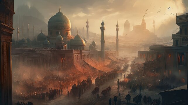 illustration of the atmosphere of the Mongolian war with Islam in Baghdad during the Middle Ages