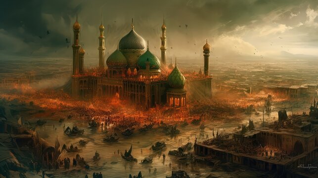 illustration of the atmosphere of the Mongolian war with Islam in Baghdad during the Middle Ages