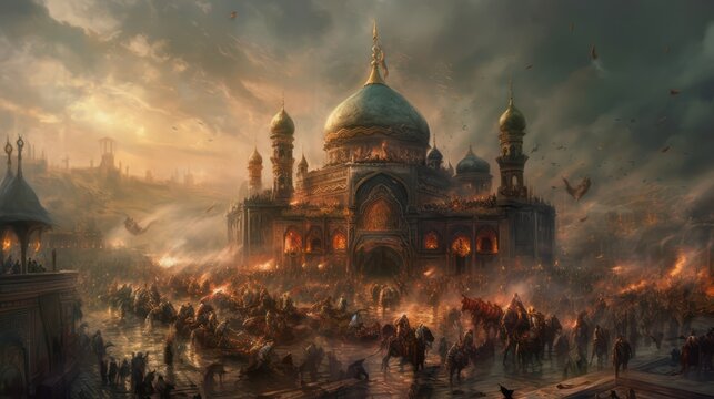 illustration of the atmosphere of the Mongolian war with Islam in Baghdad during the Middle Ages