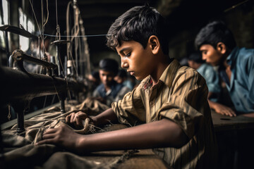 Fototapeta na wymiar Asian child labour in fashion textile industry - young teenage working boy sewing clothes in a factory with copy space