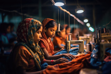 Asian child labour in fashion textile industry - row of young colorful teenage working girls sewing clothes in a factory with copy space