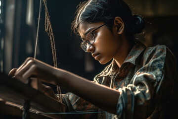 Fototapeta na wymiar Asian child labour in fashion textile industry - young teenage working girl wearing glasses and sewing clothes in a Bangladesh factory with copy space