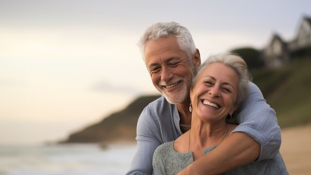 On a sunny beach, an older woman and man, dressed in casual outdoor clothing, embrace each other with a happy and loving smile, showcasing the beauty of life