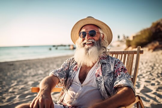 An older man in vacation attire, wearing sunglasses and a hat, sits comfortably on the beach, gazing up at the bright blue sky