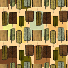 Hand drawn line art doodle scandinavian seamless pattern with yellow orange brown stylized trees as autumn season background.Different shaped wood forest simple minimalistic backdrop.