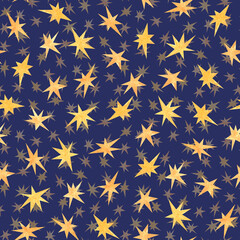 A lot of watercolor yellow stars as seamless pattern on violet backgound.Print bithday, b-day,christmas, new year cards,invitations.Aquarelle design elements