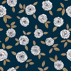 Floral hand drawn doodle black line art white roses with golden leaves as seamless botanical pattern on dark blue background for print, wrapper, cards,invitations.
