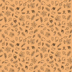 Hand drawn line art seasonal autumn pattern with black forest meadow plants, apples, berries, acorns and leaves.Minimalistic background on orange.