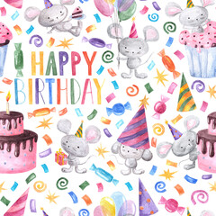 Watercolor seamless pattern cute cartoon mice in party hat,piece of cake,balloons,stars,spiral confetti as B-day party background with handwritten words 