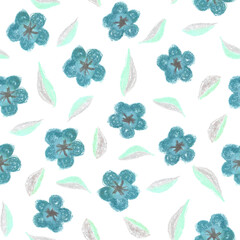 Fototapeta na wymiar Simple pastel chalk kids illustrated style floral summer seamless pattern with little small blue flowers with grey cores and and leaves.Botanical background