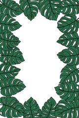 Fototapeta premium Hand drawn line art doddle green monstera leaves mock up frame with copy space.Tropical forest,isolated.Vertical format.
