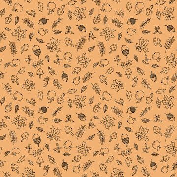 Hand drawn line art seasonal autumn pattern with black forest meadow plants, apples, berries, acorns and leaves.Minimalistic background on orange.