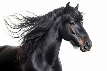 Portrait of black Fresian horse on white background