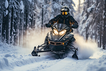 Fototapeta na wymiar man in helmet rides a snowmobile through the forest, ai generative